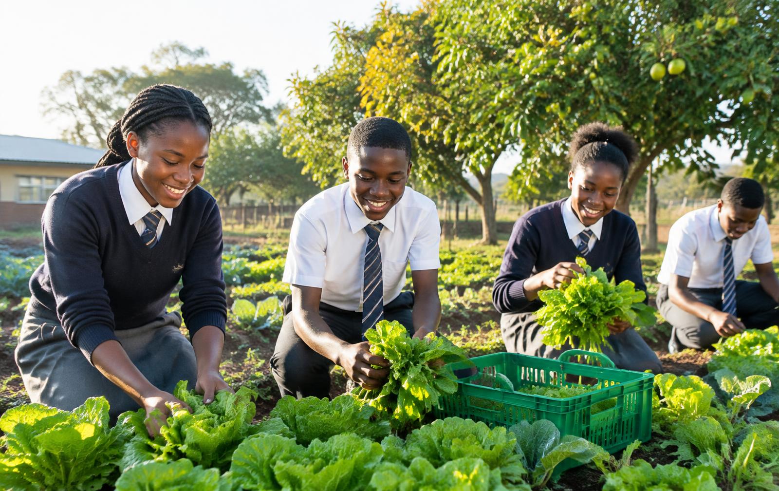 Illustrative students harvesting vegetables in school gardens