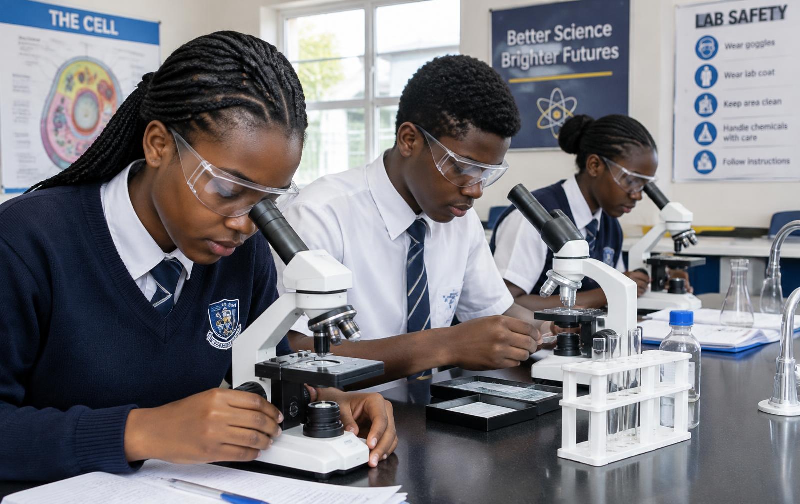 Illustrative students using microscopes in a science lab